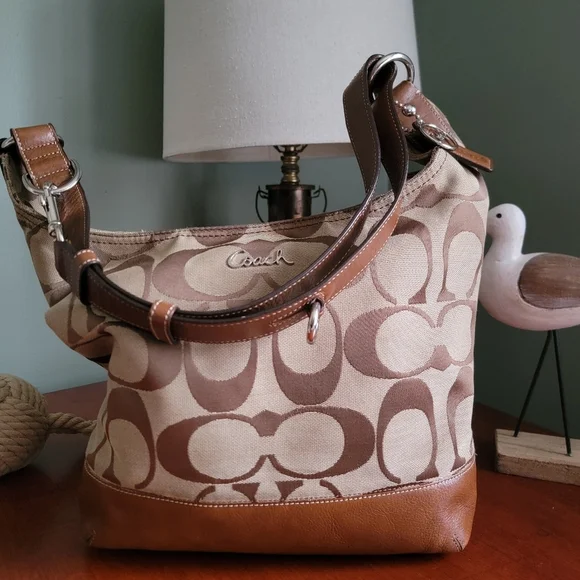 Coach North South Signature Duffel in Khaki Jacquard w/ Brown Leather #F17490 - Picture 1 of 15